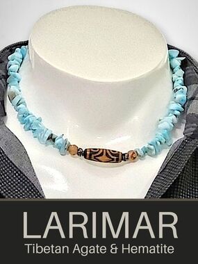 Hand Crafted Larimar Chip Necklace with Tibetan Agate Focal Bead - Light Blue